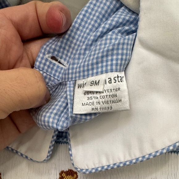 Smocked Blue Gingham Baby Romper with Lion Embroidery - Picture 2 of 4